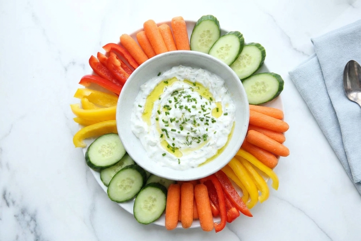 A bowl of creamy veggie dip garnished with chopped chives on a table with carrots, cucumbers, and bell pepper slices arranged around it