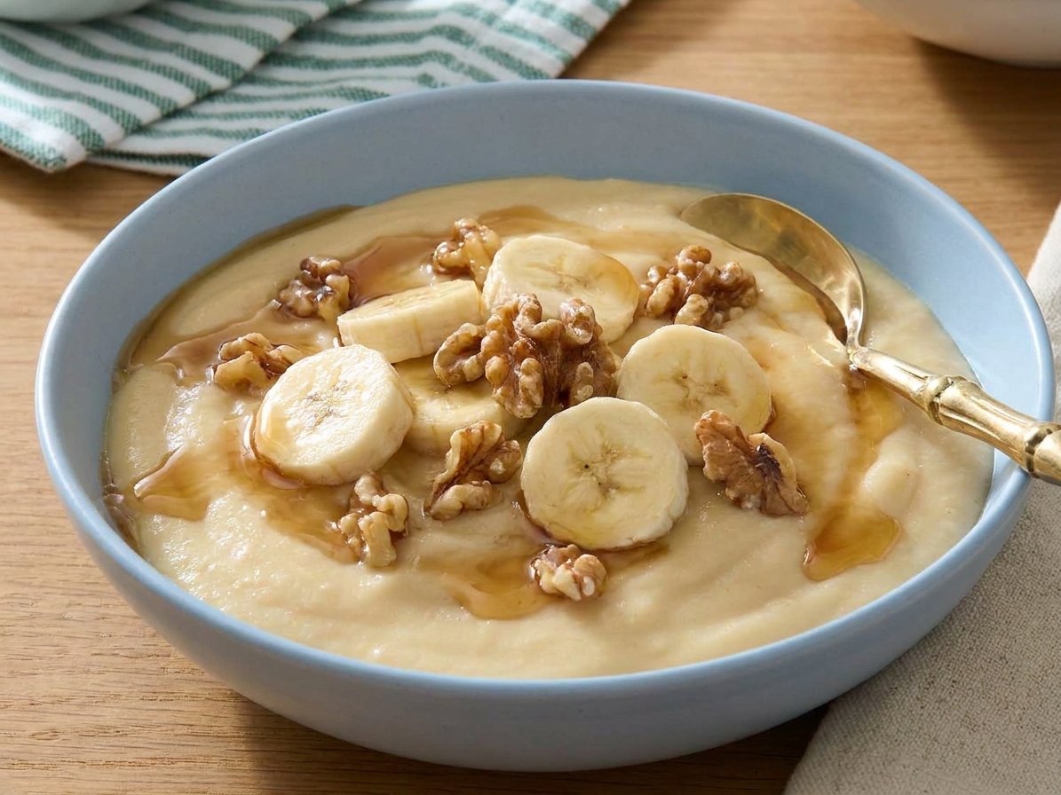 A bowl of creamy wheat cereal topped with sliced banana, toasted walnuts, and a drizzle of maple syrup on a kitchen table