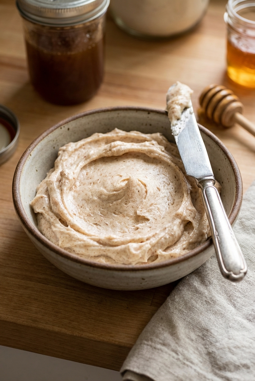 A bowl of creamy whipped cinnamon honey butter with a butter knife resting on the edge