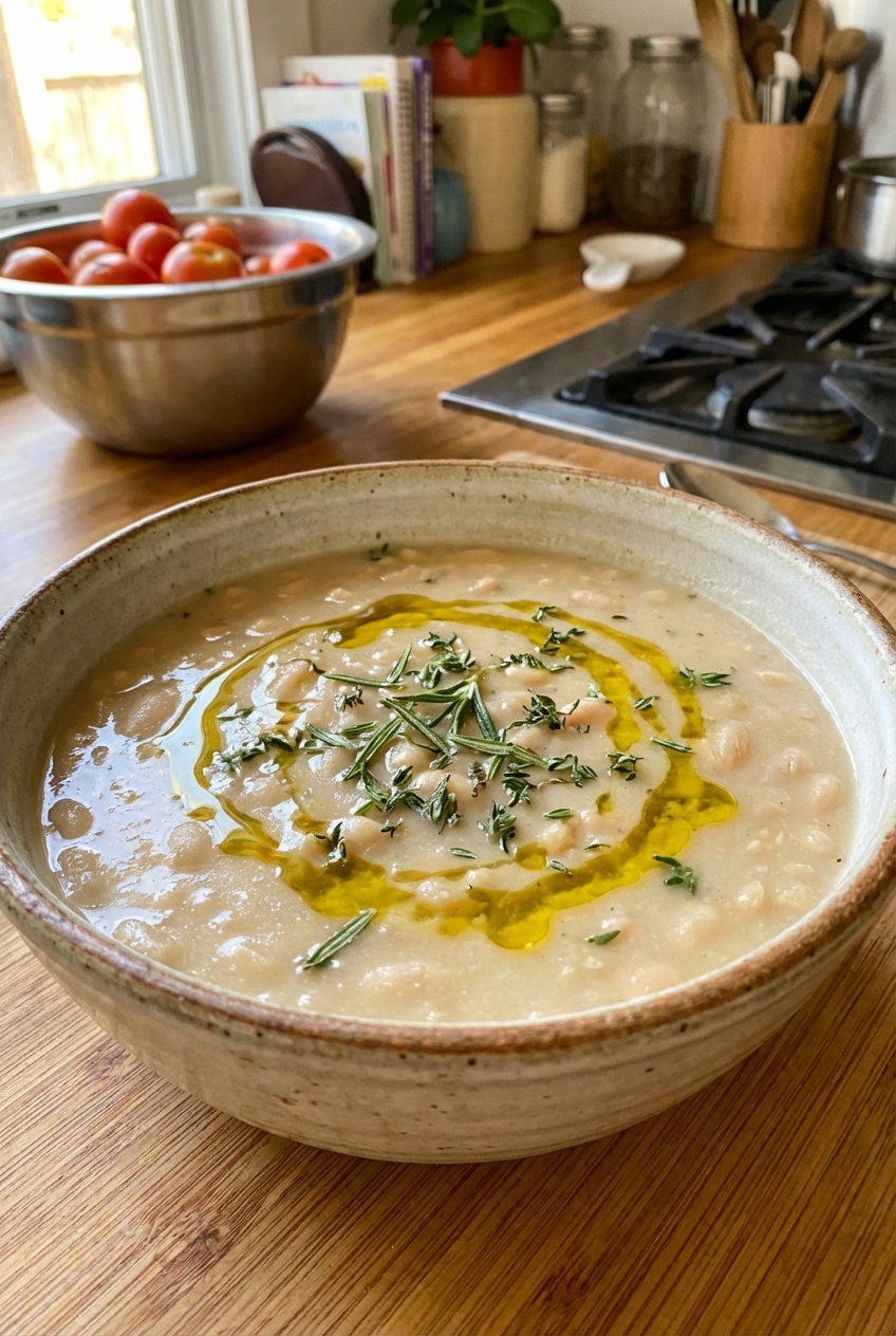 A bowl of creamy white bean soup with herbs and a drizzle of olive oil