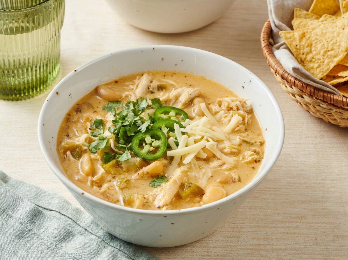 A bowl of creamy white chicken chili topped with cilantro, sliced jalapeños, and shredded cheese on a light kitchen table with tortilla chips nearby