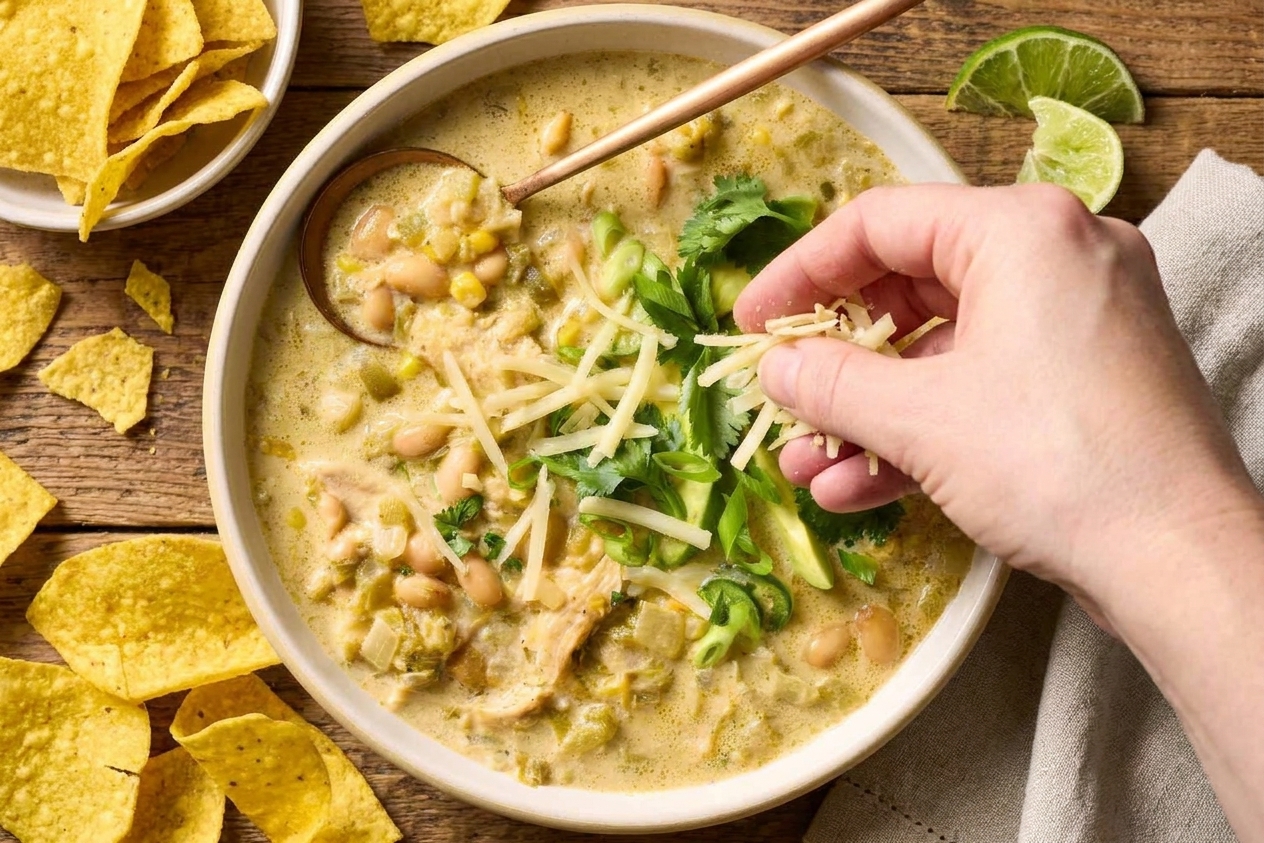A bowl of creamy white chicken chili topped with cilantro, sliced jalapenos, and shredded Monterey Jack on a rustic kitchen table with tortilla chips nearby