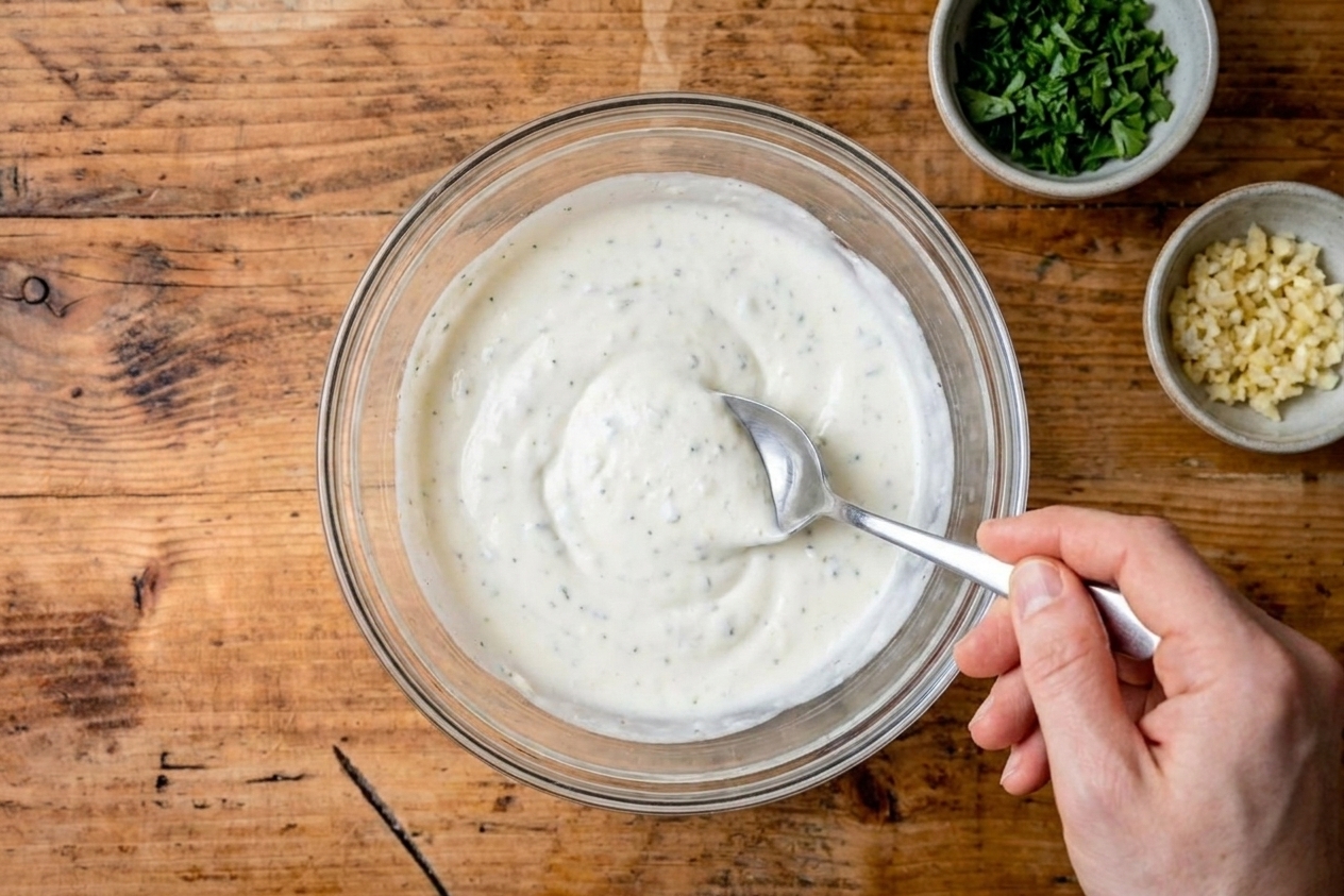 A bowl of creamy yogurt garlic sauce being stirred with a spoon on a kitchen counter