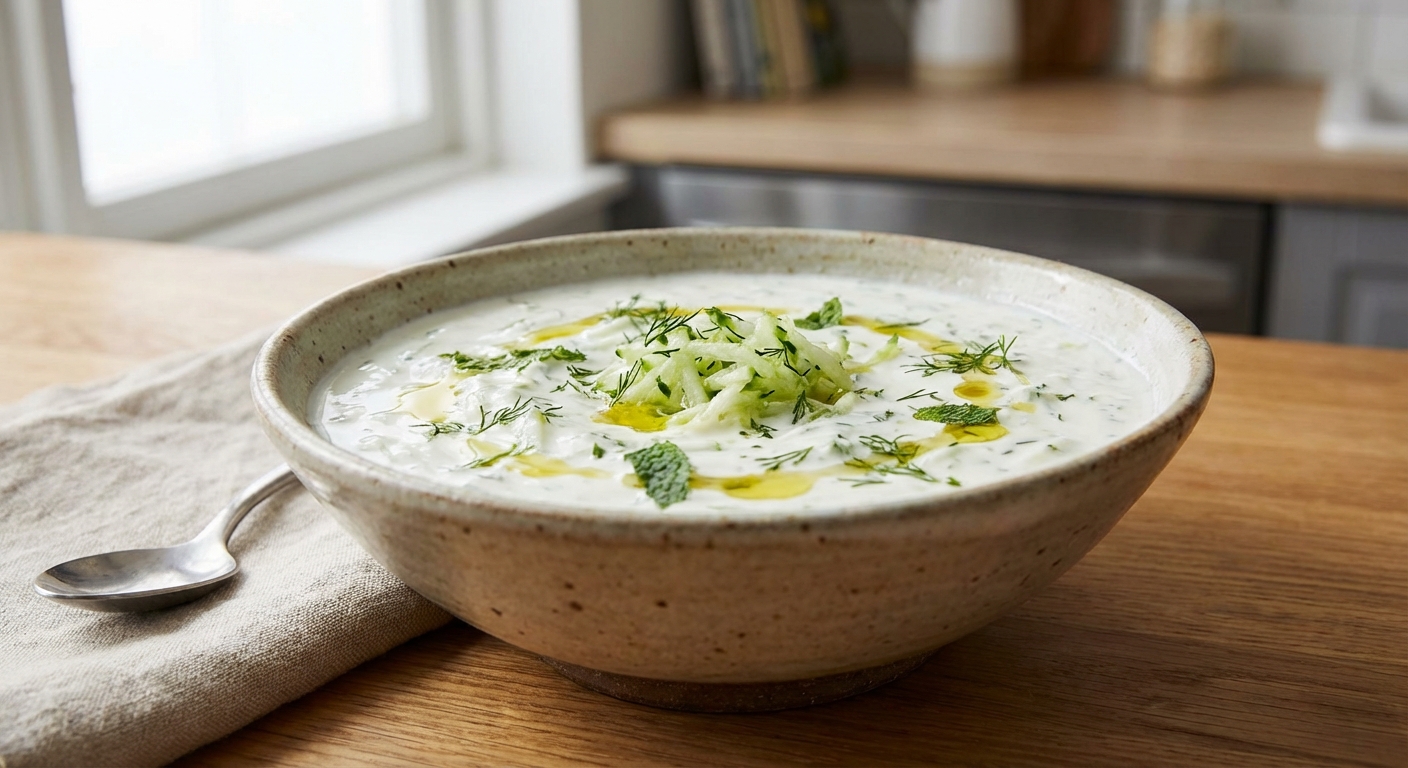 A bowl of creamy yogurt sauce with cucumber and herbs