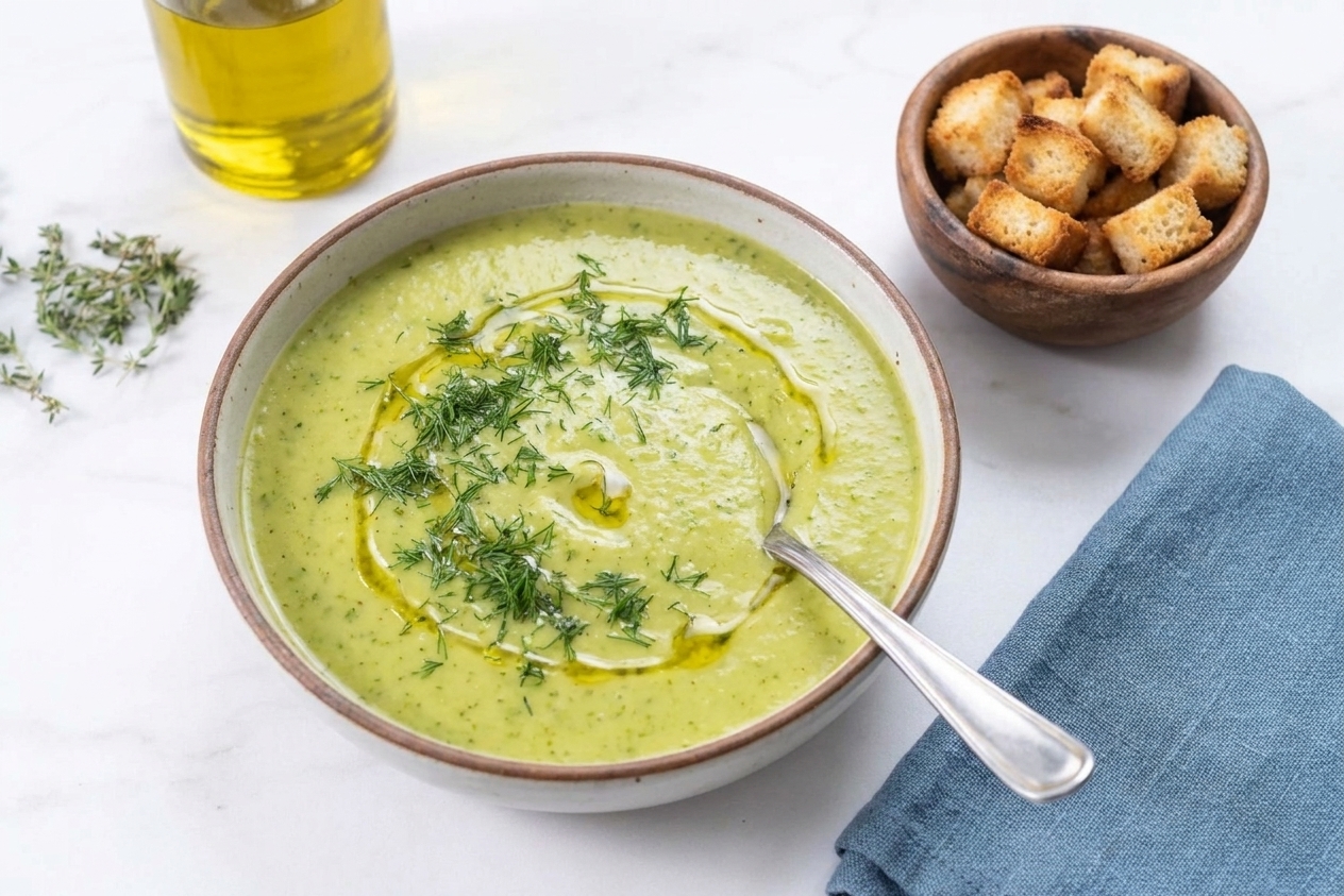 A bowl of creamy zucchini soup topped with chopped dill and a drizzle of olive oil, with croutons on the side on a simple kitchen table