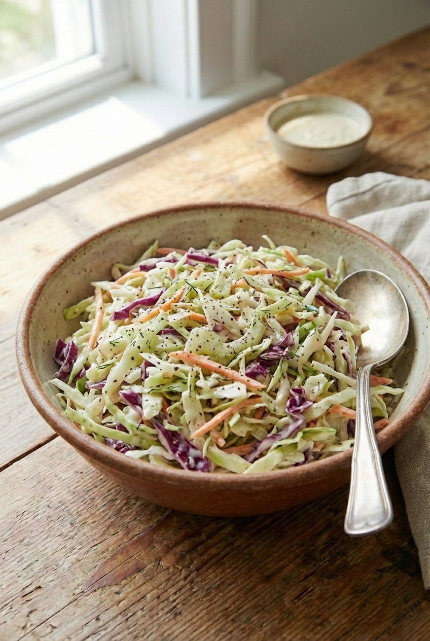 A bowl of crisp coleslaw with shredded cabbage and carrots in a light creamy dressing