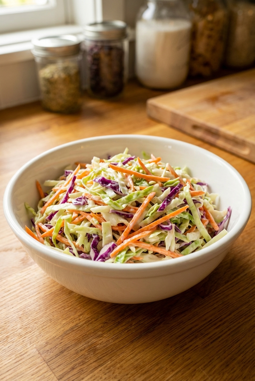 A bowl of crisp coleslaw with shredded cabbage and carrots