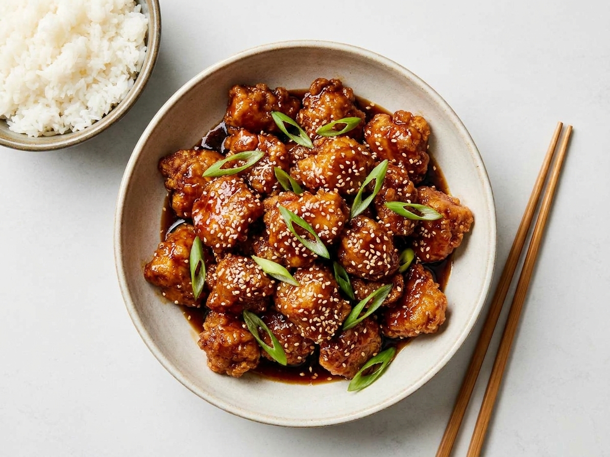 A bowl of crispy General Tso’s chicken glazed in a shiny dark sauce with sesame seeds and sliced green onions, served with white rice on a neutral kitchen table