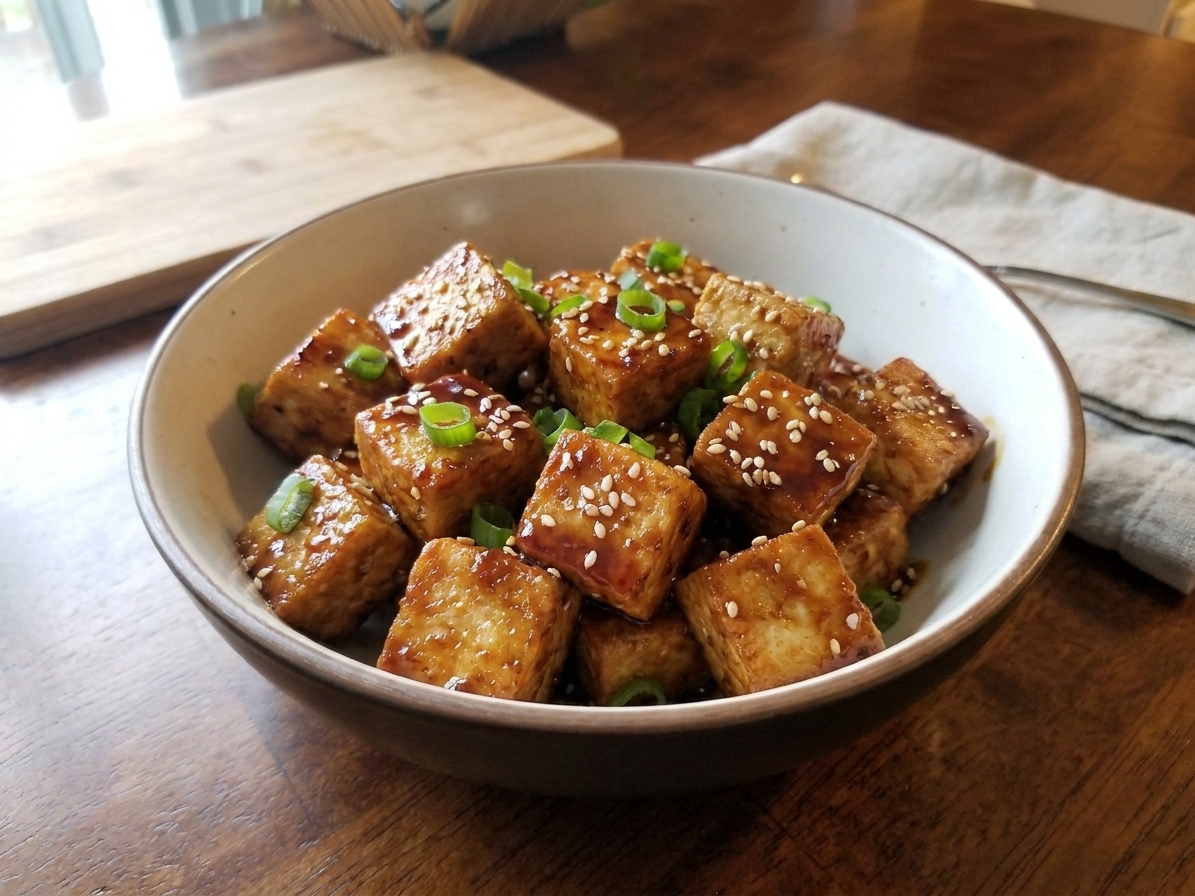 A bowl of crispy golden air fryer tofu cubes tossed in a glossy soy garlic glaze, topped with sliced green onions and sesame seeds on a light kitchen table