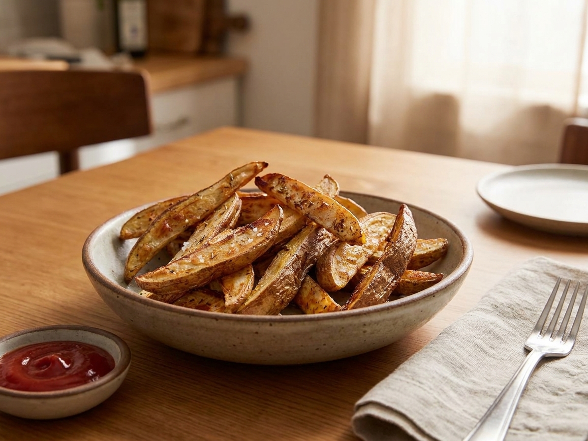 A bowl of crispy golden oven fries served with ketchup on a simple dinner table setting with warm lighting