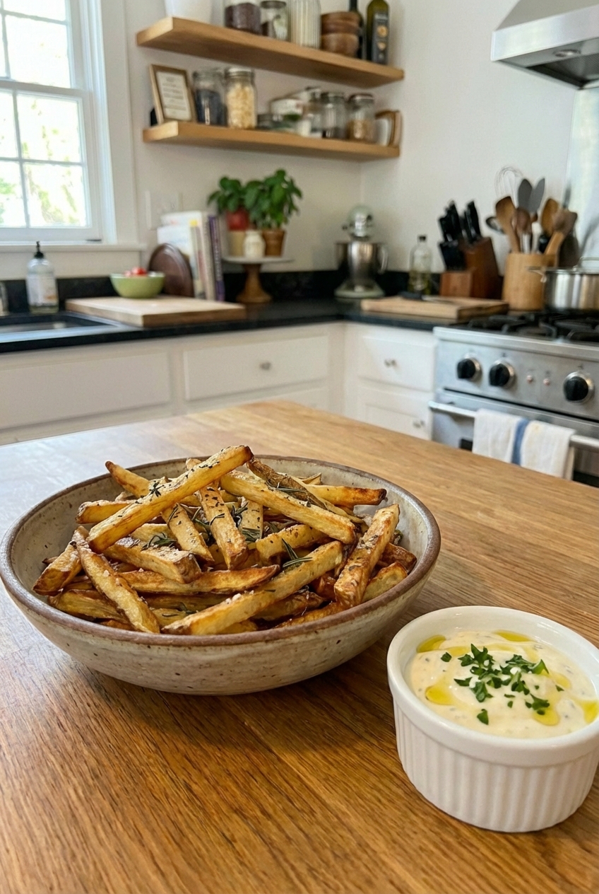 A bowl of crispy oven-baked fries with a small cup of garlic aioli