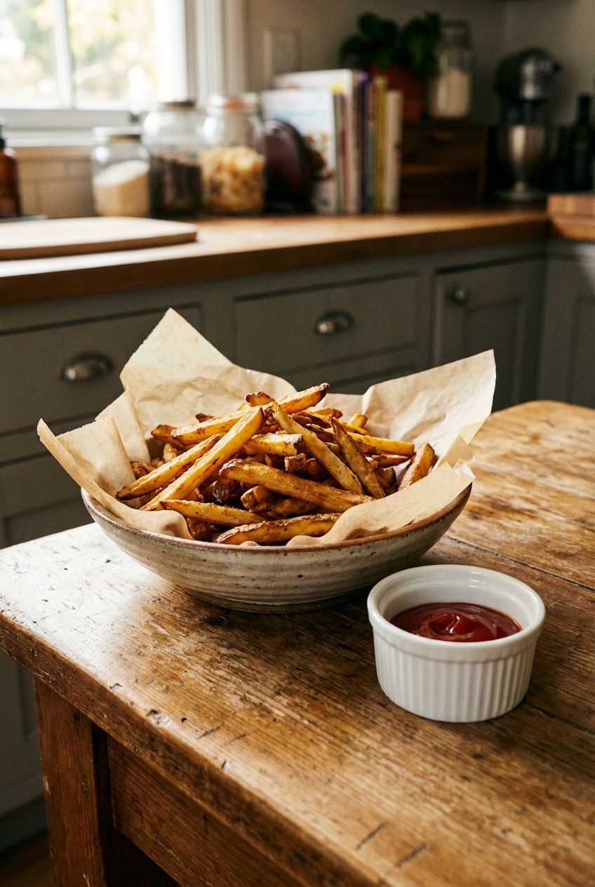 A bowl of crispy oven fries on parchment paper with a small ramekin of ketchup on a wooden table
