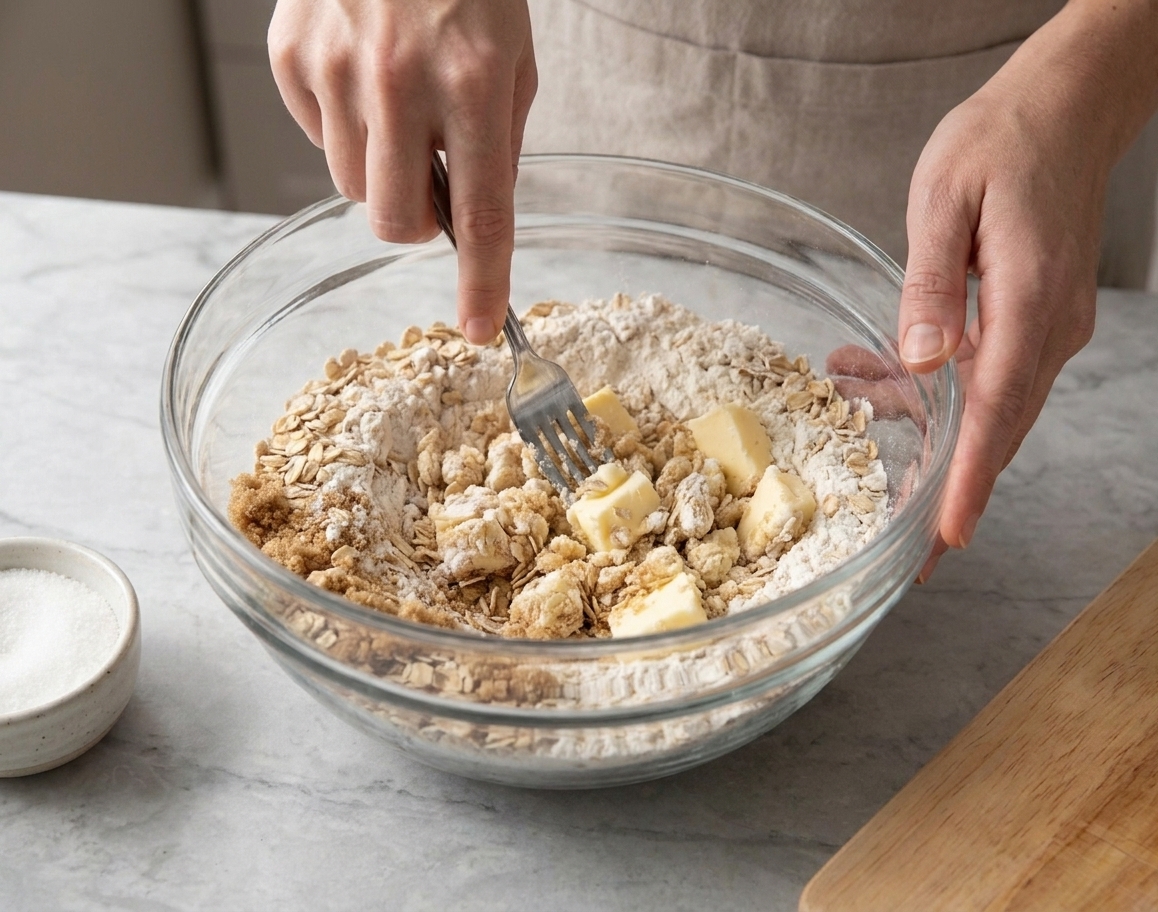 A bowl of crumble topping as cold butter is worked into oats and flour with a fork, forming crumbly clumps