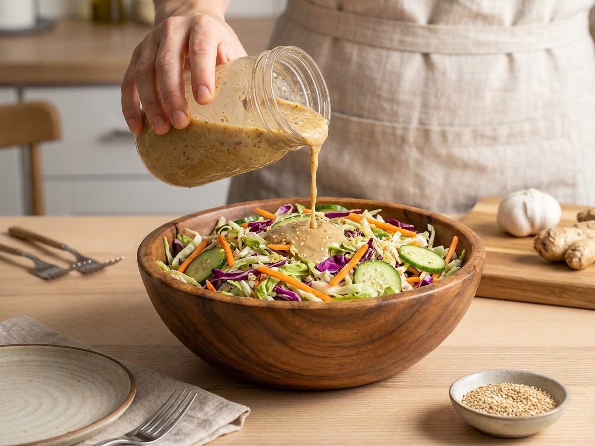 A bowl of crunchy cabbage salad with carrots and cucumbers being drizzled with sesame ginger dressing at a dining table