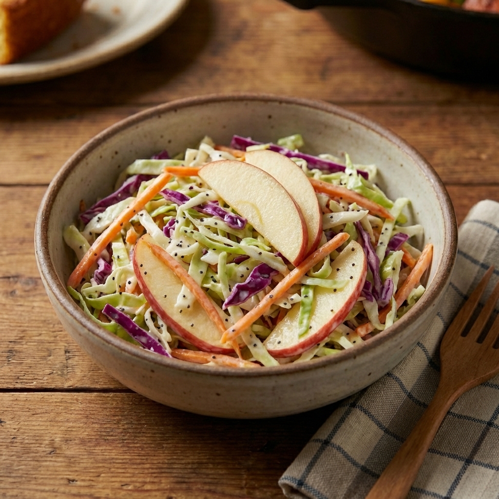 A bowl of crunchy cabbage slaw with apple slices