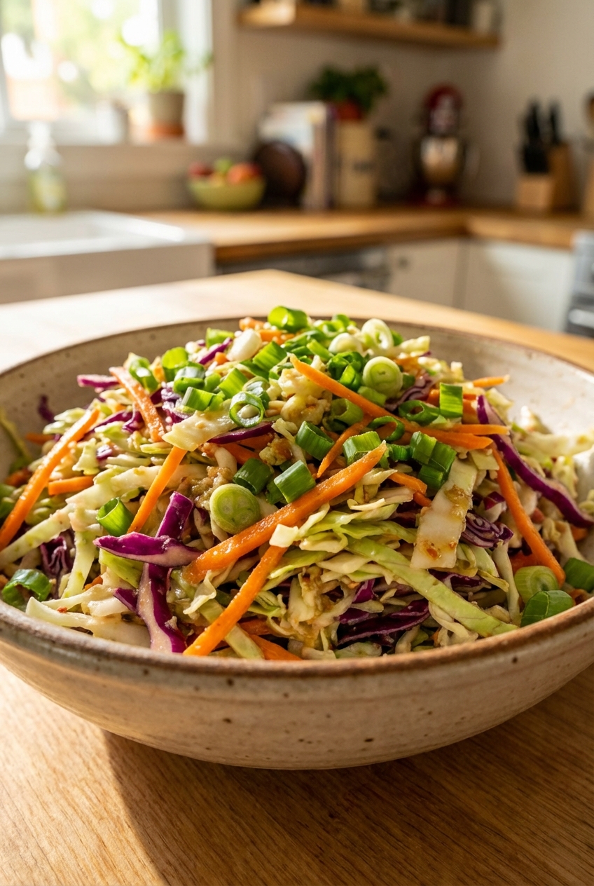 A bowl of crunchy cabbage slaw with green onions