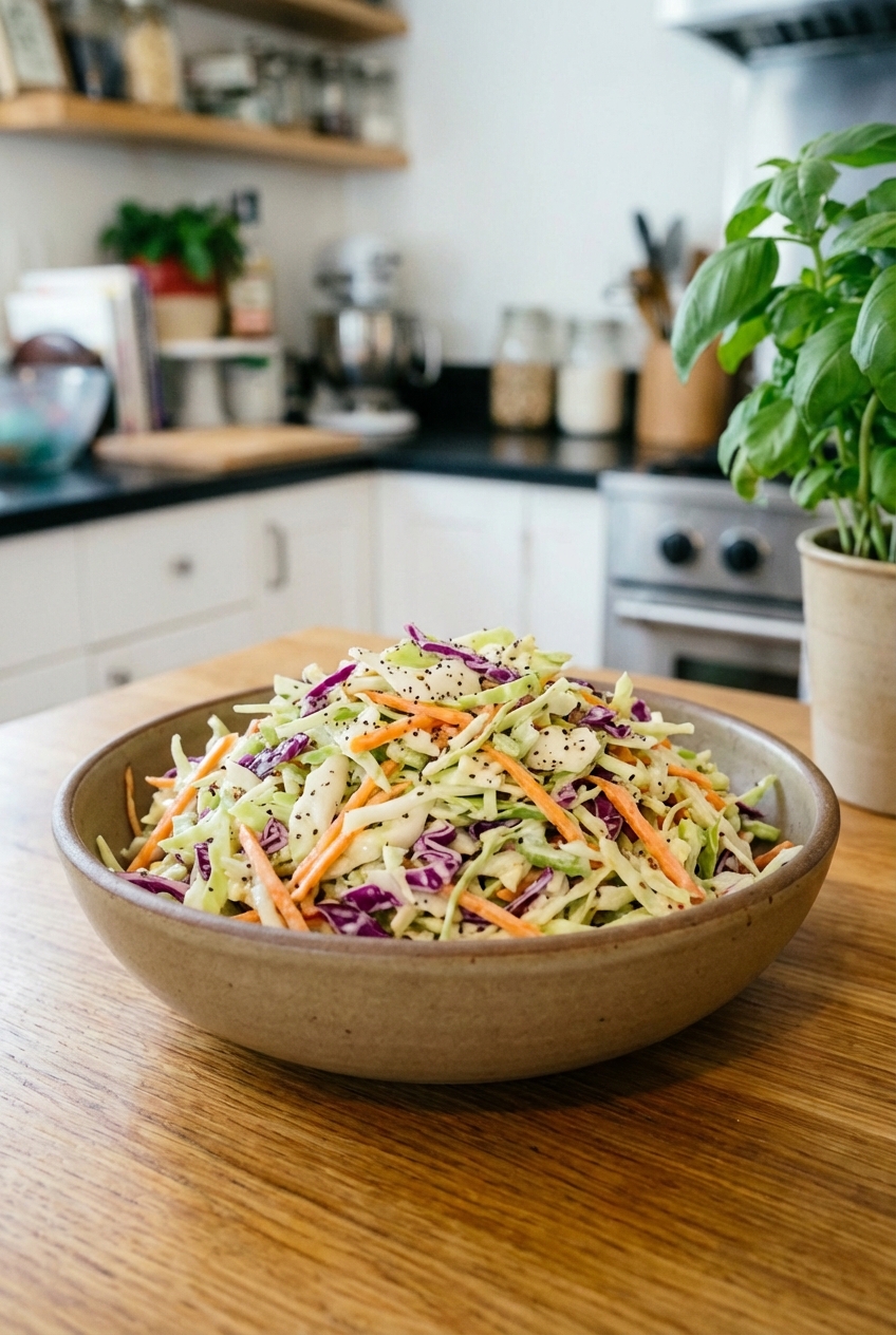 A bowl of crunchy coleslaw with shredded cabbage and carrots