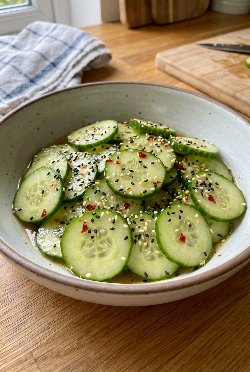 A bowl of crunchy cucumber salad with sesame seeds