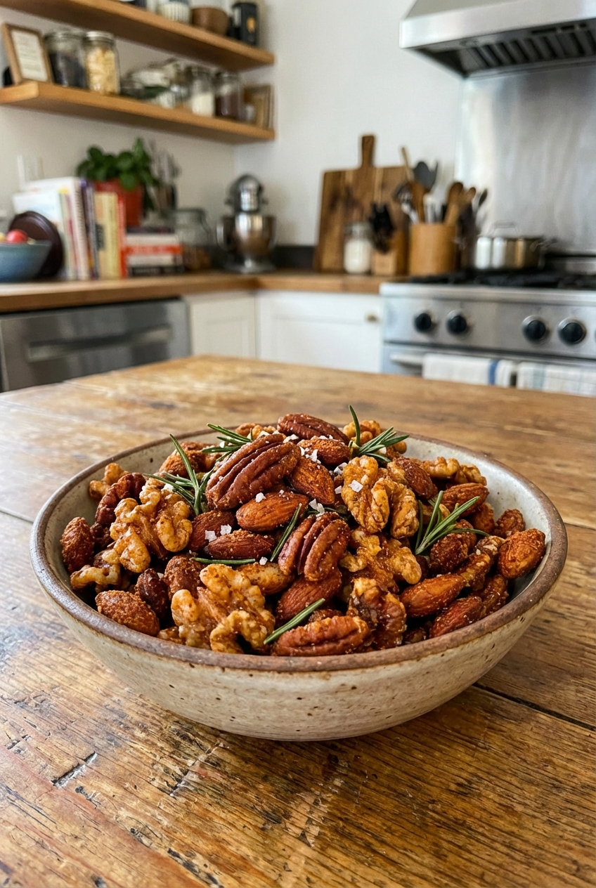 A bowl of crunchy spiced nuts with rosemary on a table