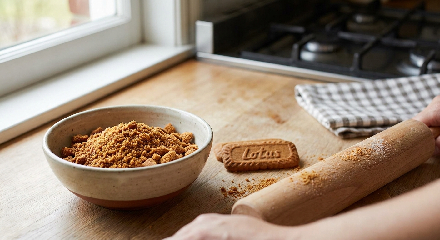 A bowl of crushed Biscoff cookies on a kitchen counter next to a whole cookie and a rolling pin
