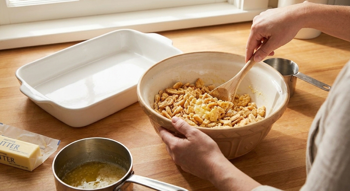 A bowl of crushed buttery crackers being mixed with melted butter on a kitchen counter next to a baking dish