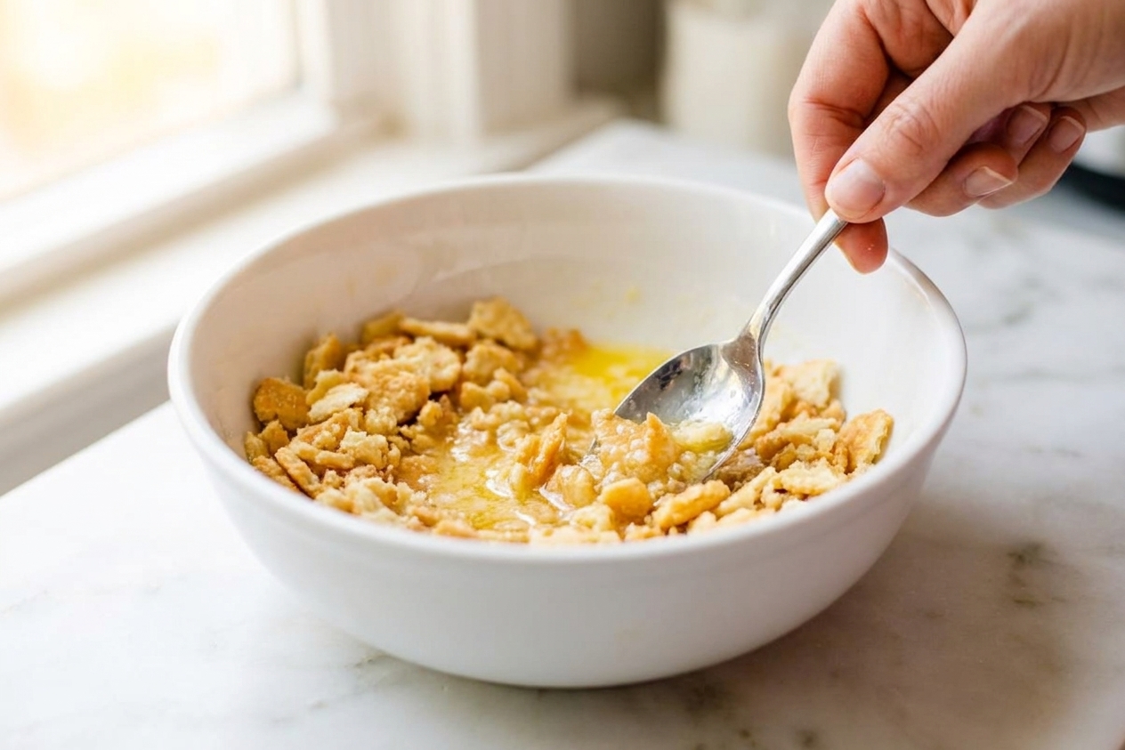 A bowl of crushed buttery crackers being mixed with melted butter using a spoon on a kitchen counter