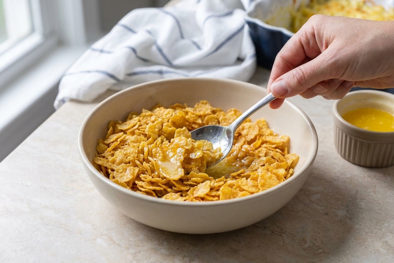 A bowl of crushed cornflakes being stirred with melted butter using a spoon on a kitchen counter