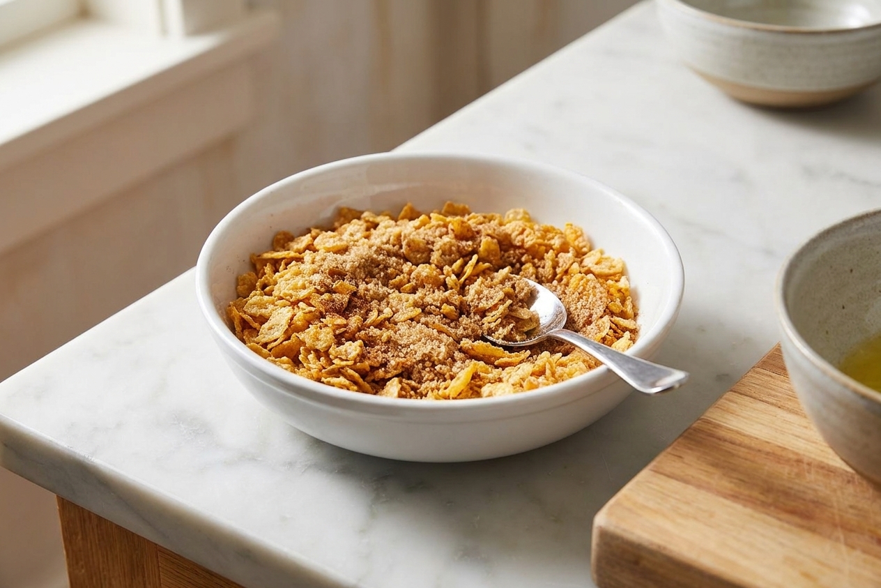 A bowl of crushed cornflakes mixed with cinnamon and sugar on a kitchen counter
