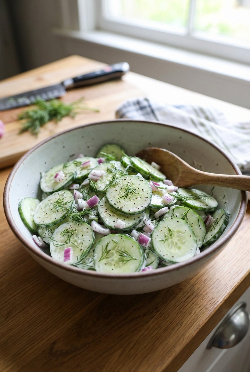 A bowl of cucumber dill salad with thinly sliced cucumbers and fresh dill