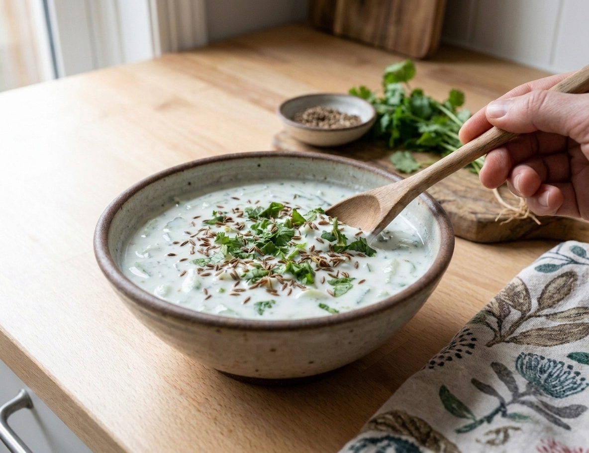 A bowl of cucumber raita being garnished with chopped cilantro and toasted cumin seeds on a kitchen counter