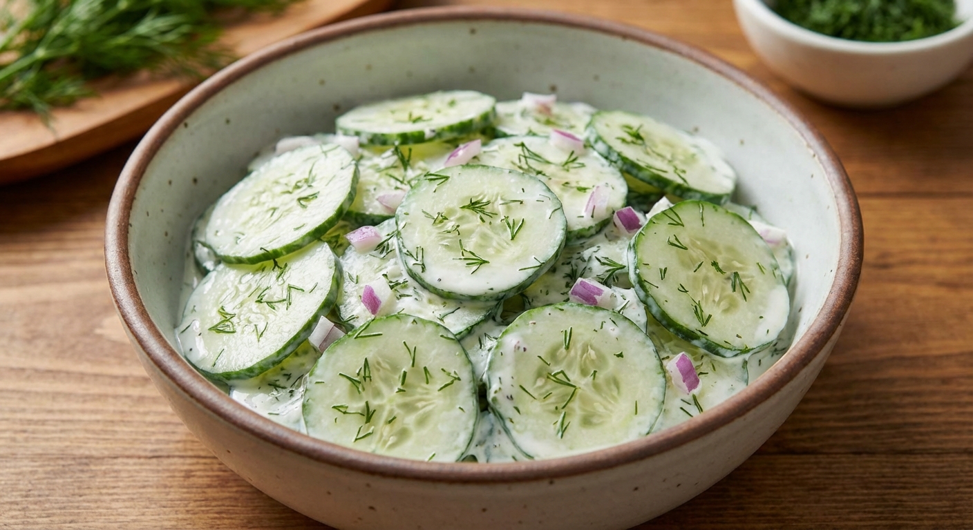 A bowl of cucumber salad with dill