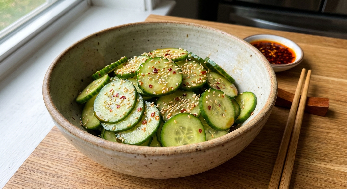A bowl of cucumber salad with sesame seeds and chili flakes