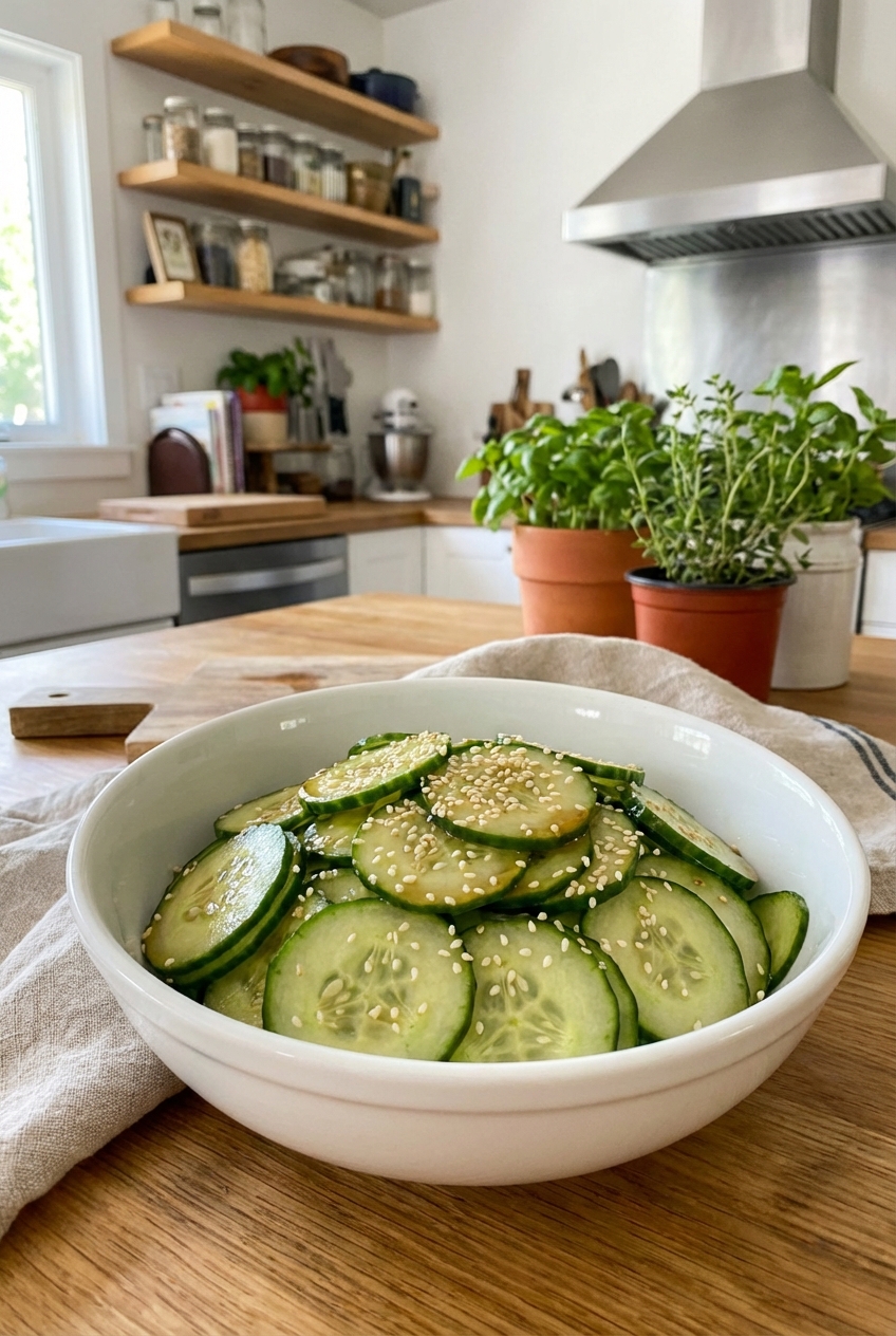 A bowl of cucumber salad with sesame seeds and rice vinegar dressing