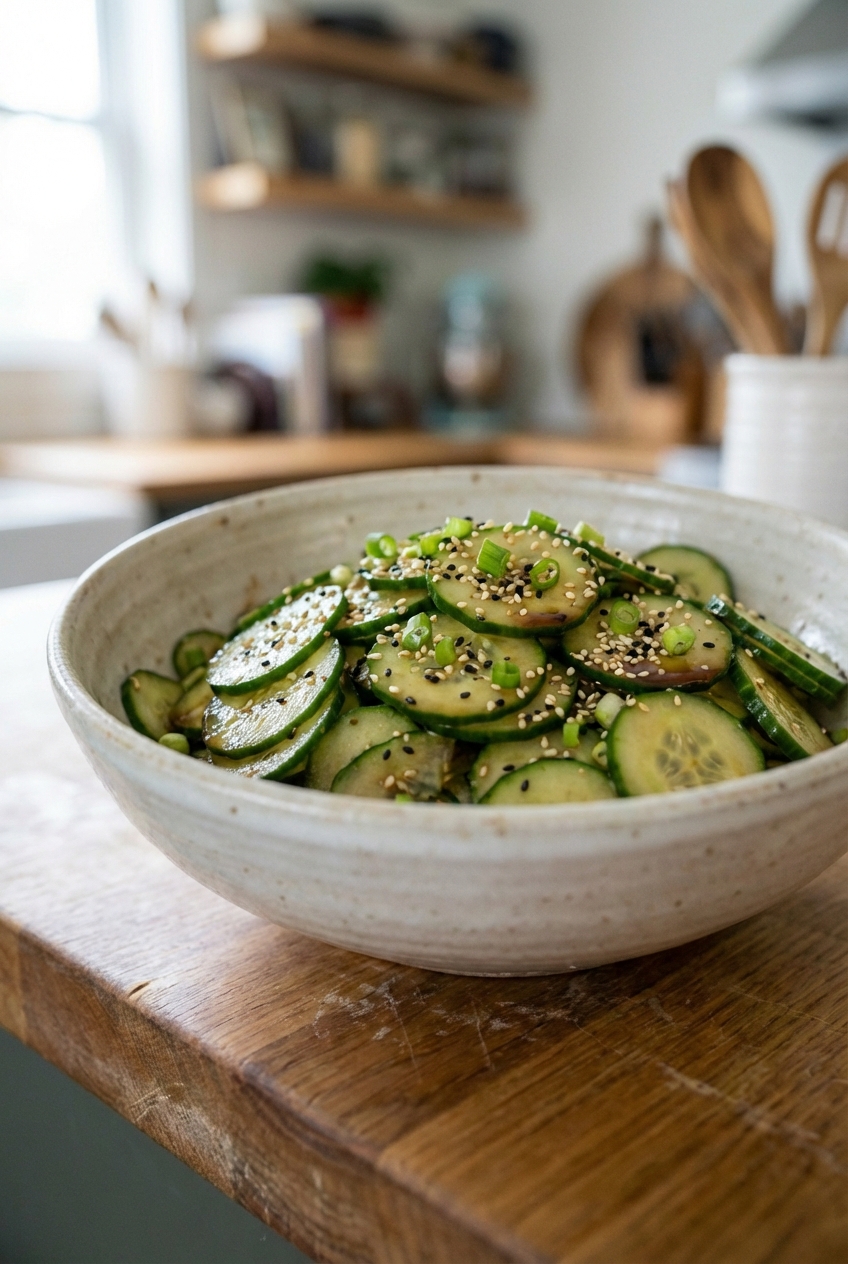 A bowl of cucumber salad with sesame seeds and scallions