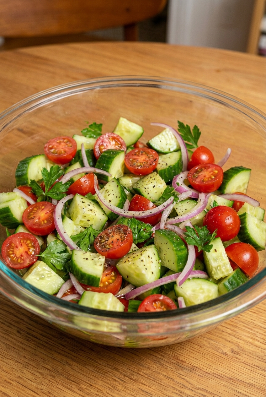 A bowl of cucumber tomato salad with red onion and olive oil