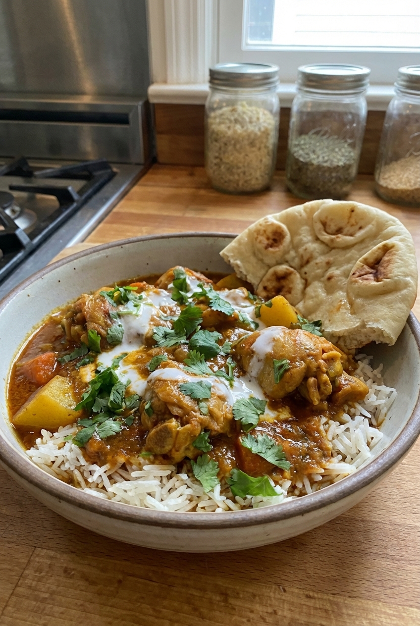 A bowl of curry served over basmati rice with naan on the side and cilantro on top