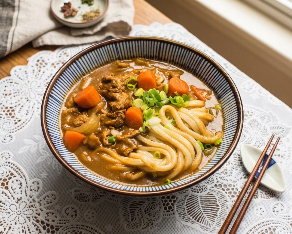 A bowl of curry udon on a kitchen table topped with sliced scallions, with chopsticks resting beside the bowl