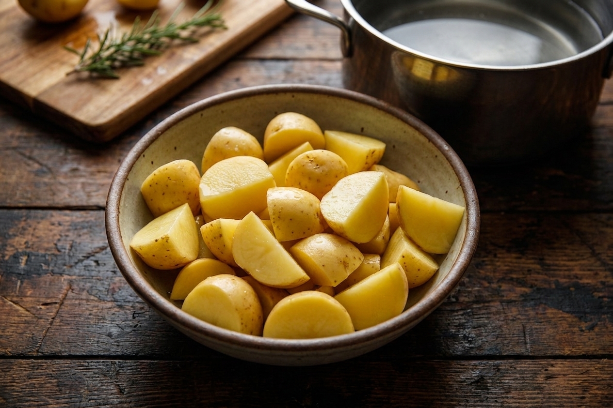 A bowl of cut Yukon Gold potato chunks on a kitchen counter, ready for boiling
