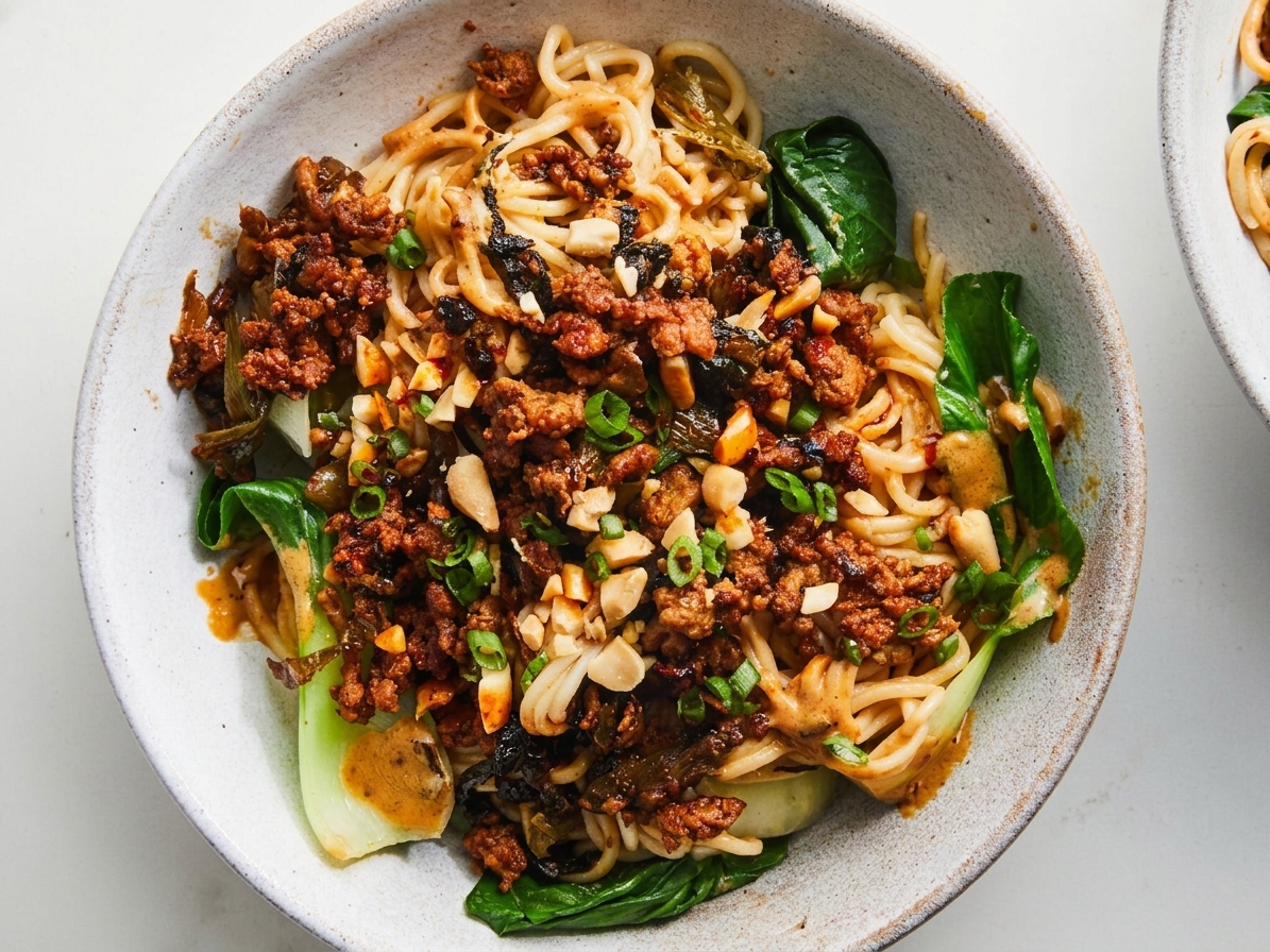 A bowl of dan dan mian noodles with chili oil, sesame sauce, browned pork, chopped scallions, and bok choy on a light stoneware table setting