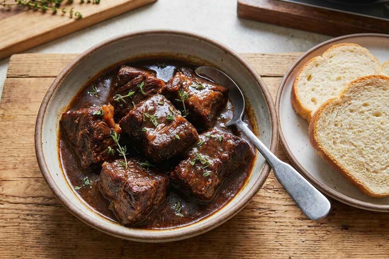 A bowl of dark Guyanese pepperpot with tender beef, served on a table with sliced crusty bread and a simple spoon