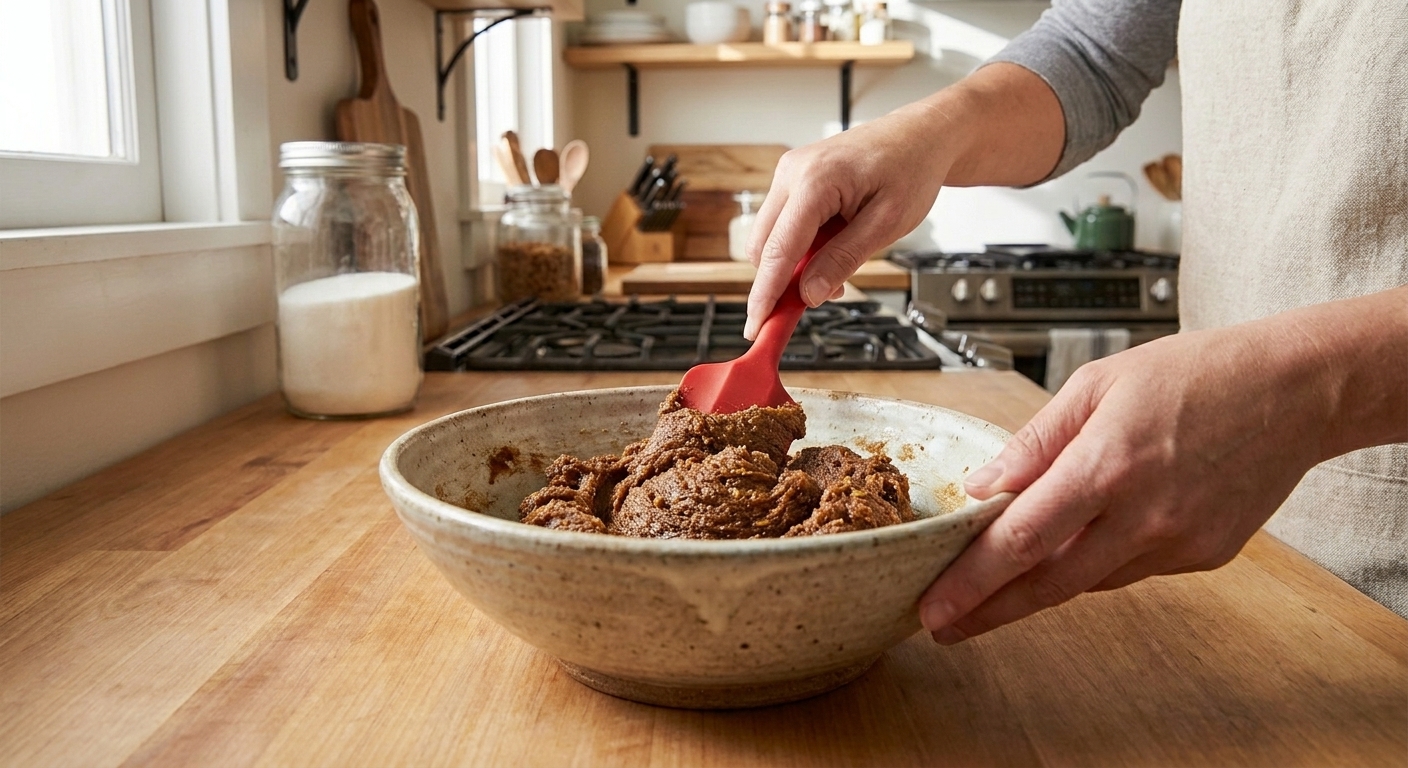 A bowl of dark ginger cookie dough being mixed with a rubber spatula on a kitchen counter