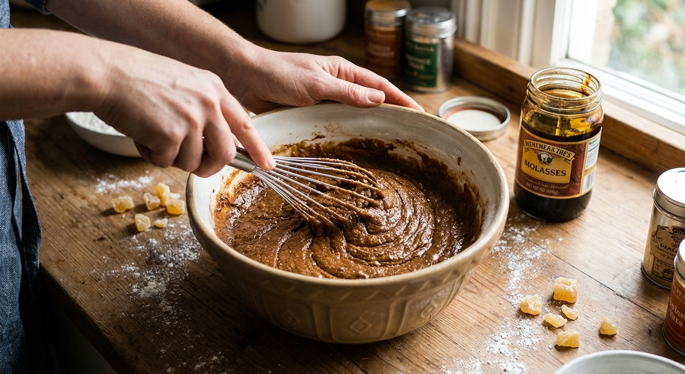 A bowl of dark gingerbread cake batter being whisked by hand on a home kitchen counter