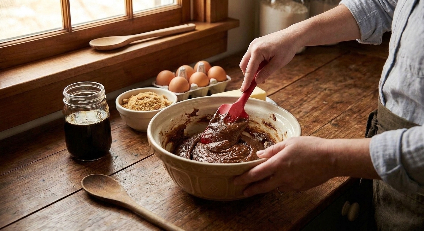 A bowl of dark gingerbread cookie dough being mixed with a rubber spatula, showing a thick, glossy texture on a kitchen counter