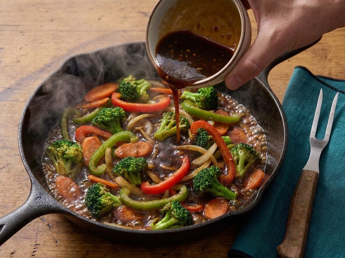 A bowl of dark stir fry sauce being poured into a skillet with vegetables, starting to bubble and thicken