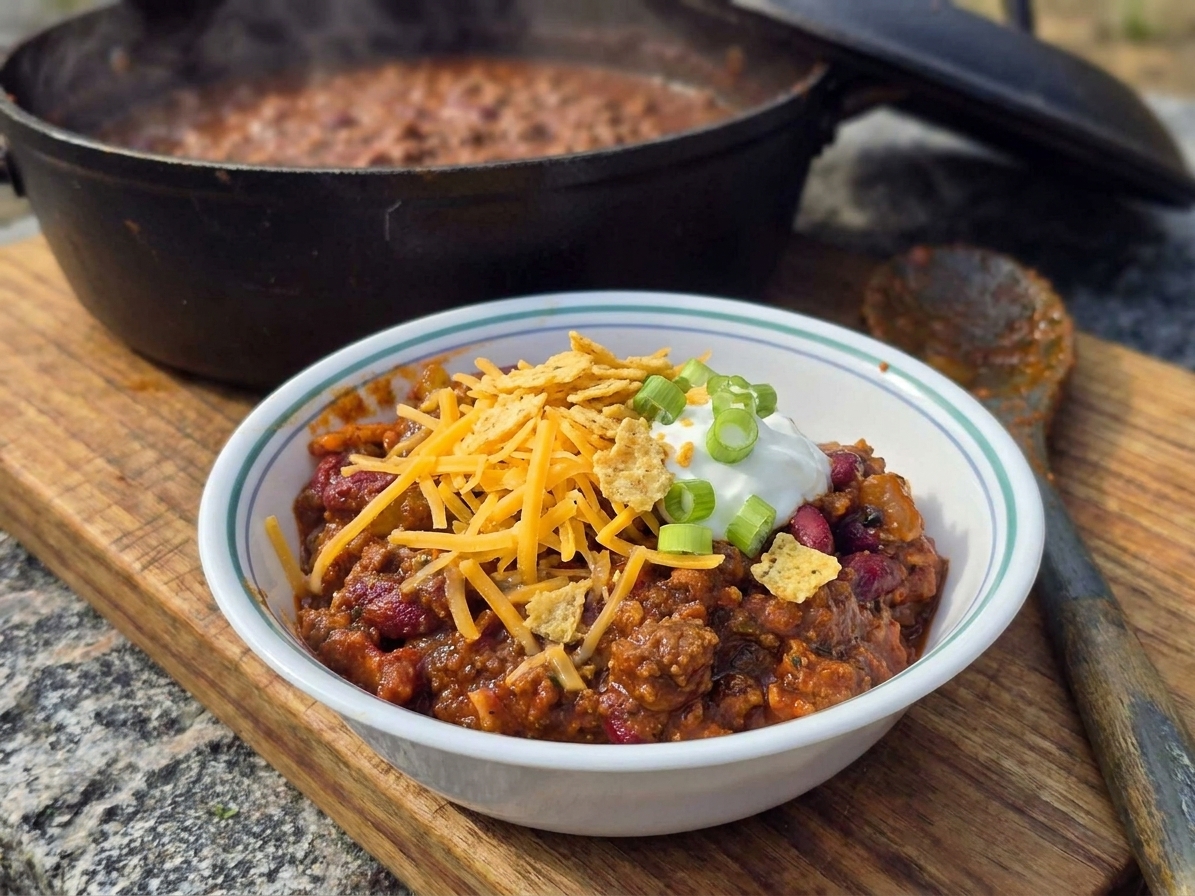 A bowl of deer chili topped with shredded cheddar, sour cream, sliced green onions, and crushed tortilla chips on a wooden table