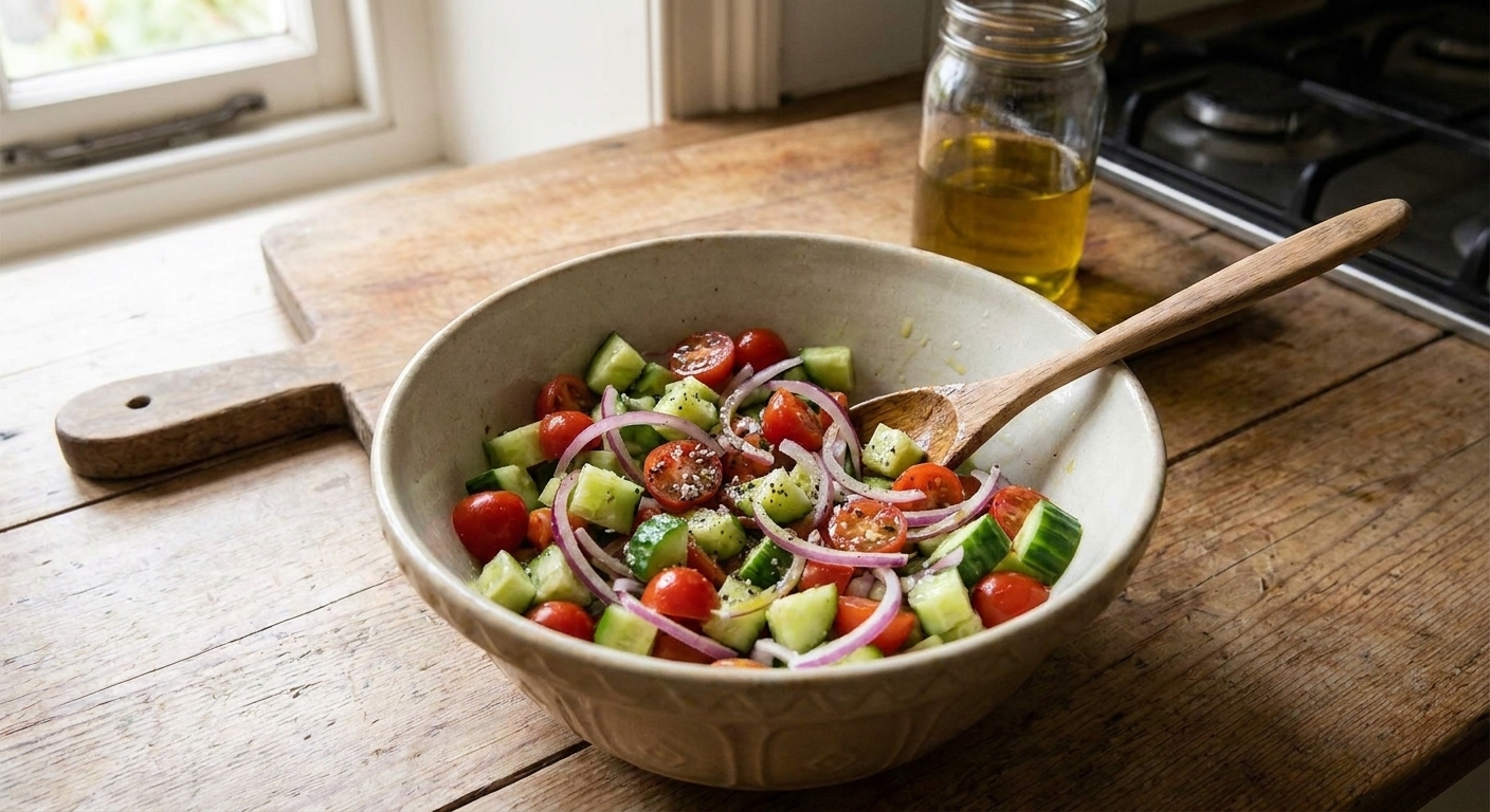 A bowl of diced cucumber, halved cherry tomatoes, and red onion tossed with olive oil and lemon juice