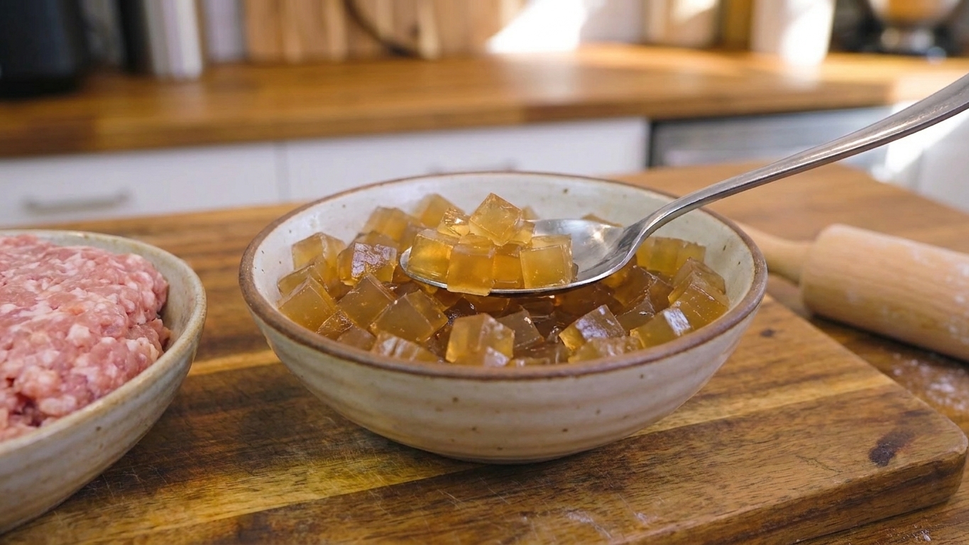 A bowl of diced gelatin-set soup aspic with a spoon, ready to be folded into dumpling filling.