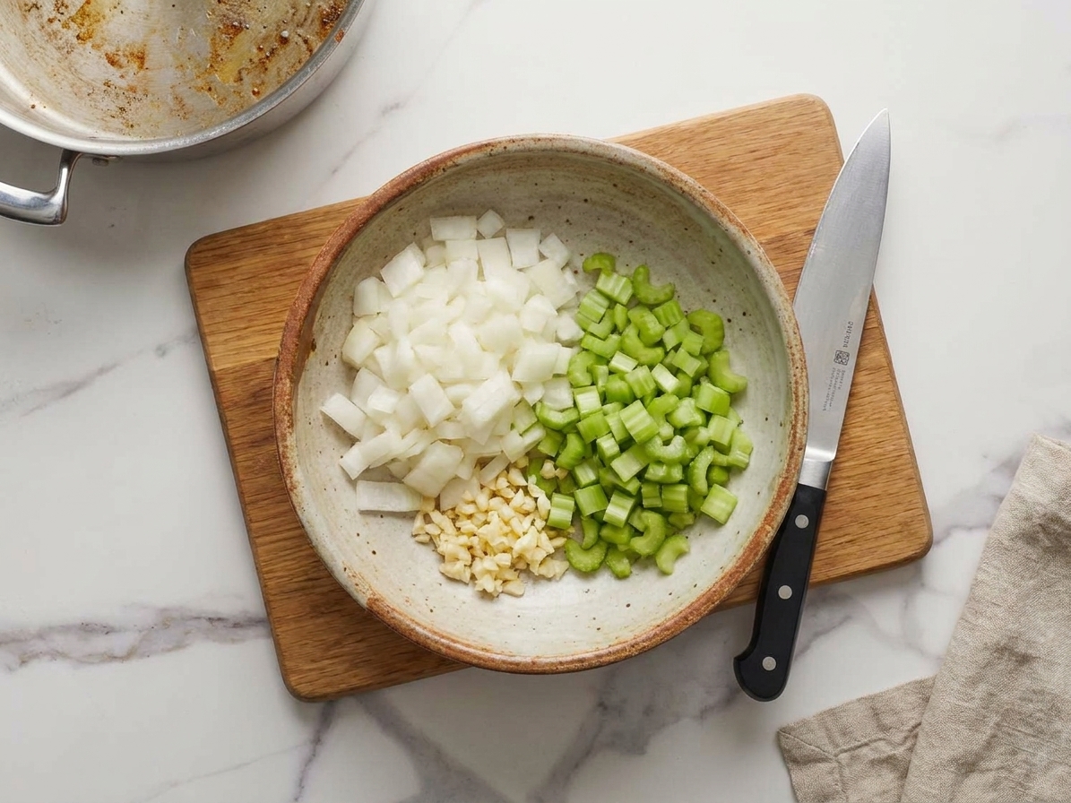 A bowl of diced onion, celery, and minced garlic prepped and ready beside a cutting board on a kitchen counter