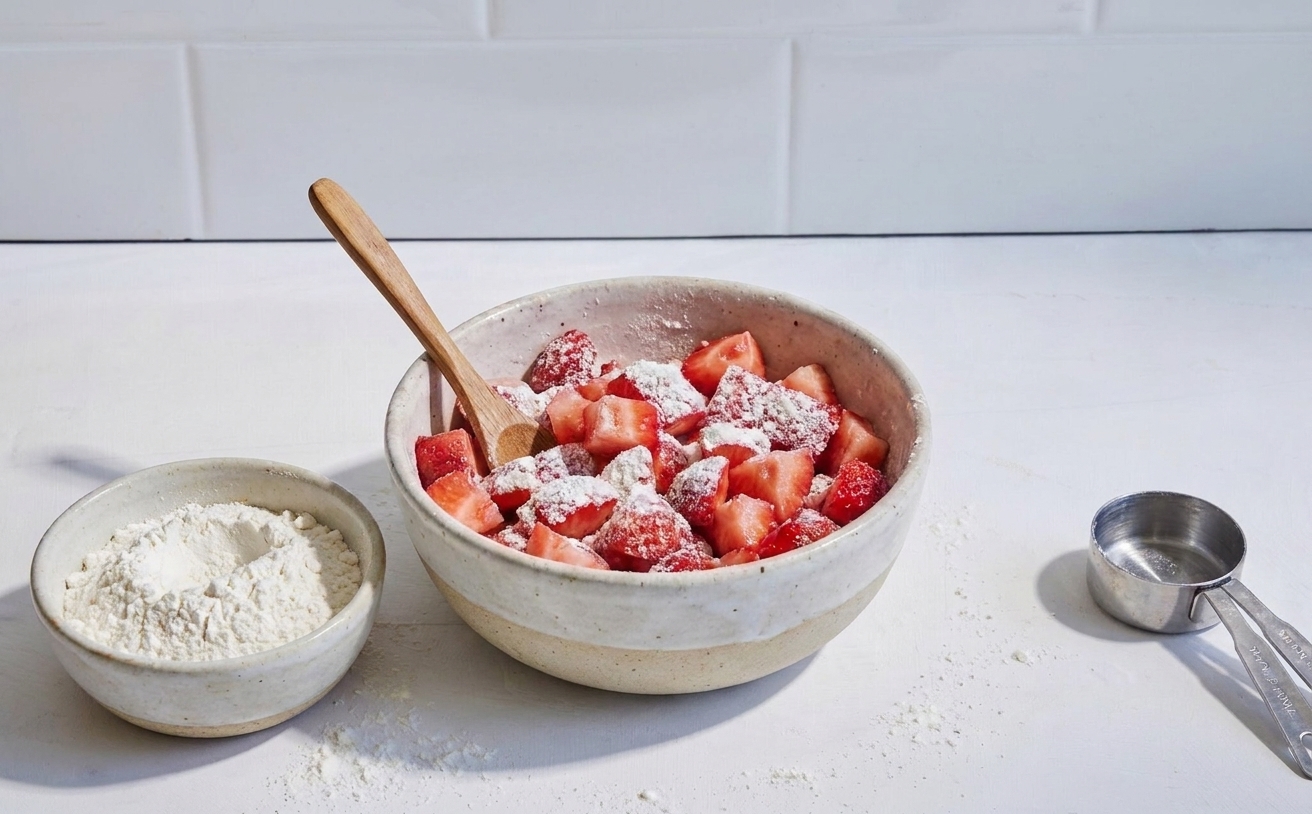 A bowl of diced strawberries with a spoon, next to a small bowl of flour on a bright kitchen counter