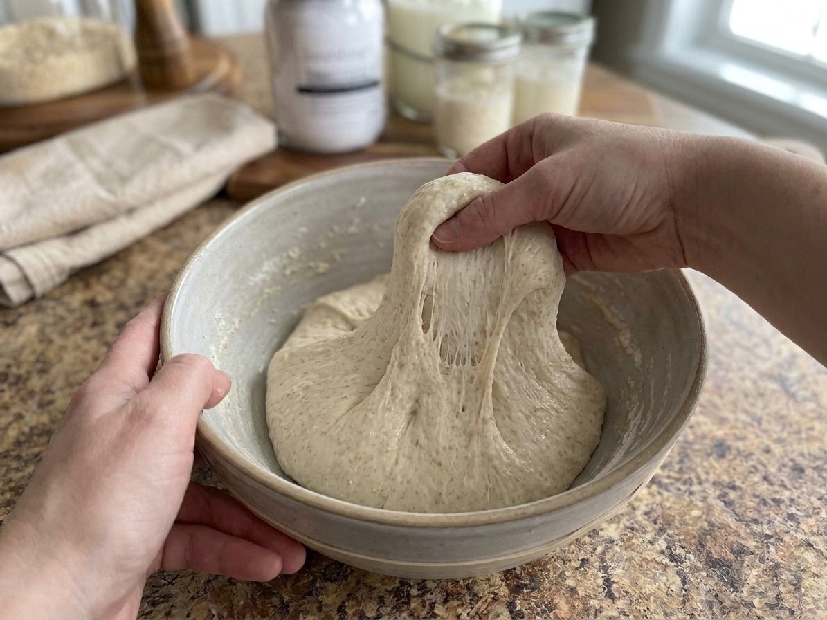A bowl of dough being stretched and folded, showing the dough getting smoother and more elastic